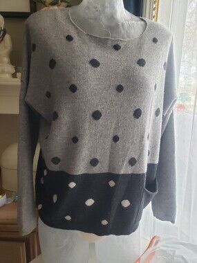 Women's Merino Wool Blend Cozy Polka Dot Crewneck Sweater - Gray and Black